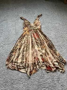 Studio Y Beige and Brown Animal Print Asymmetrical V-Neck Dress